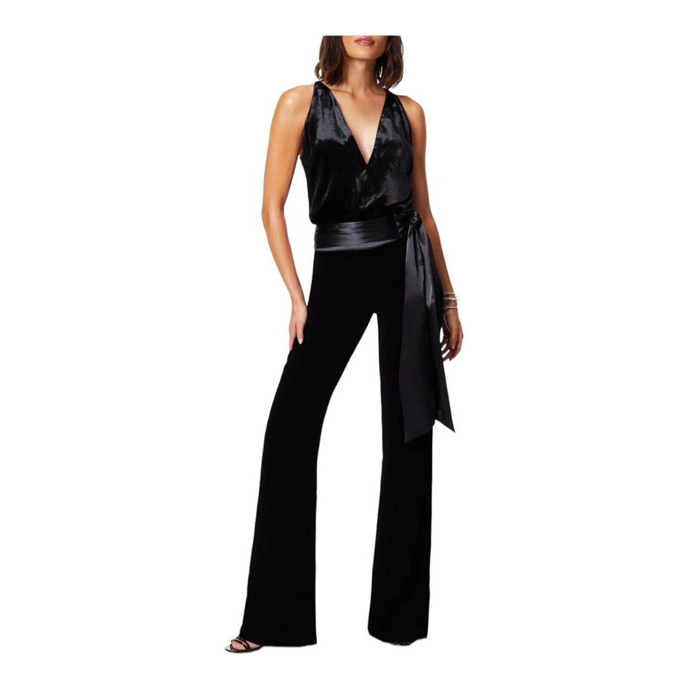 Ramy Brook Black Satin V-Neck Jumpsuit with Waist Tie